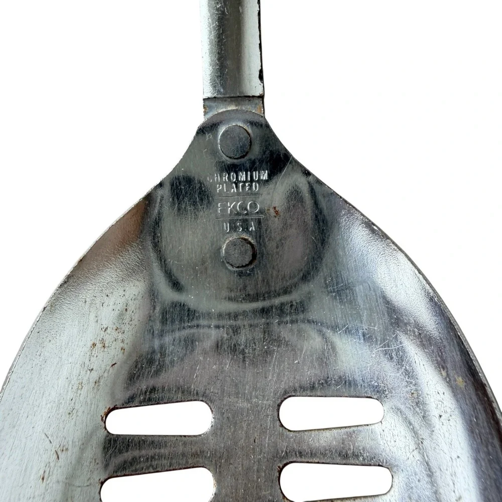 Vintage EKCO Slotted Spoon Chrome Plated White‎ Handle Hanging Utensil Cottage